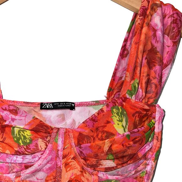 Zara Floral Pink Mesh Bustier Corset Ruched Crop Top Size Small - Picture 3 of 10